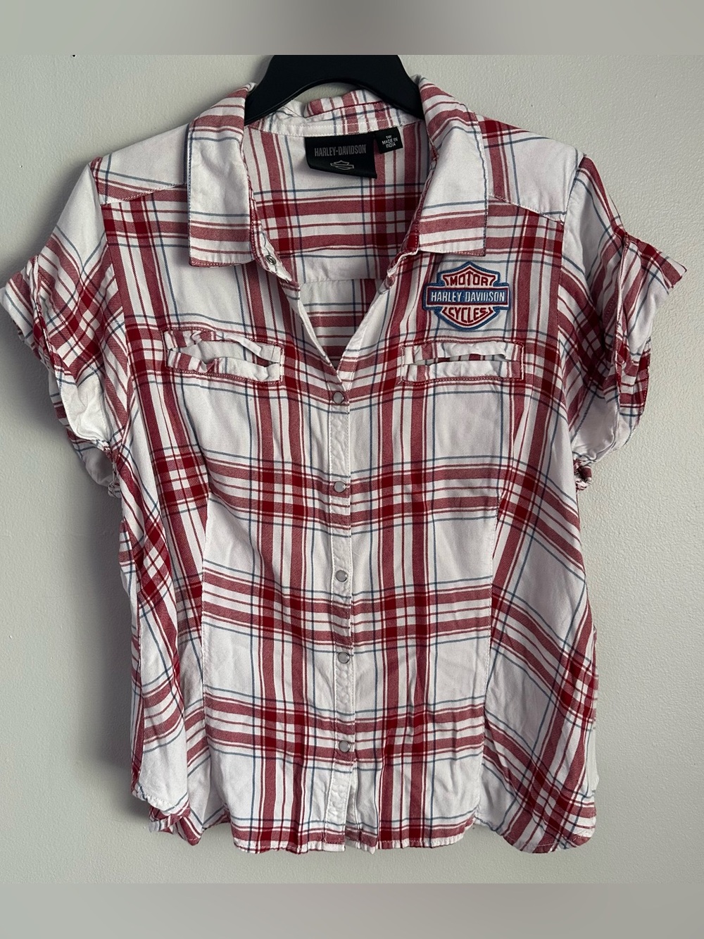 Women’s 1x top red plaid Harley Davidson 1w patch short sleeve button down shirt